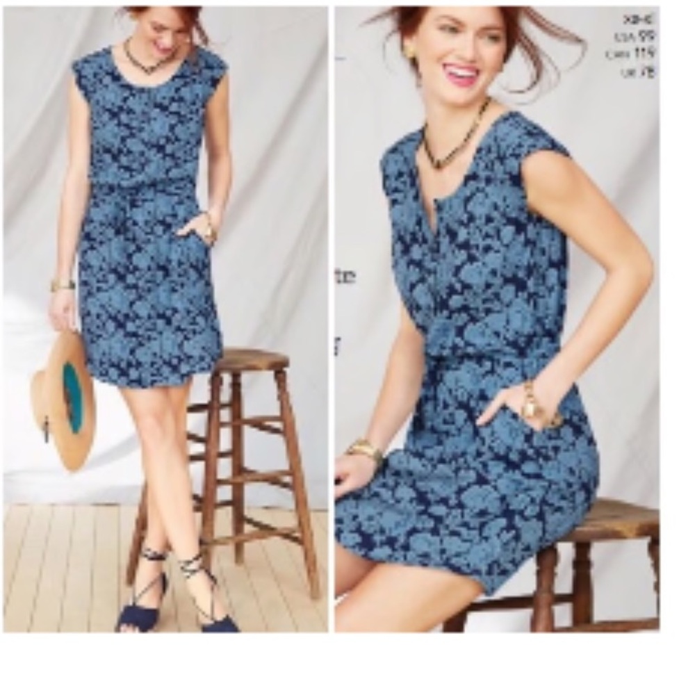 CAbi Java Indigo Blue Sheath Dress w Crew Neck and Flutter Cap Sleeves sz XS EUC
